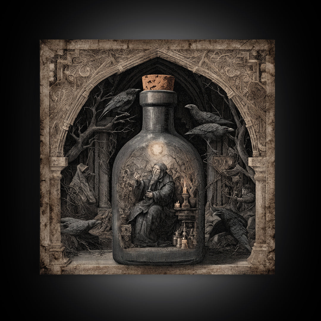 The Bottled Ghost, Symbolist Etching Art, Square Wall Art, Macabre Wall Art, Framed Canvas Print, Halloween Wall Art, Halloween Decor
