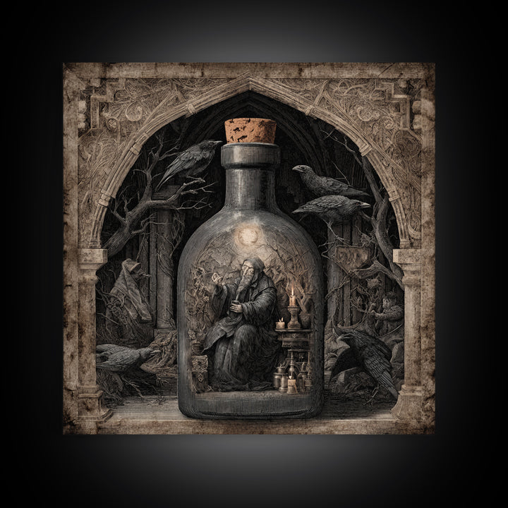 The Bottled Ghost, Symbolist Etching Art, Square Wall Art, Macabre Wall Art, Framed Canvas Print, Halloween Wall Art, Halloween Decor