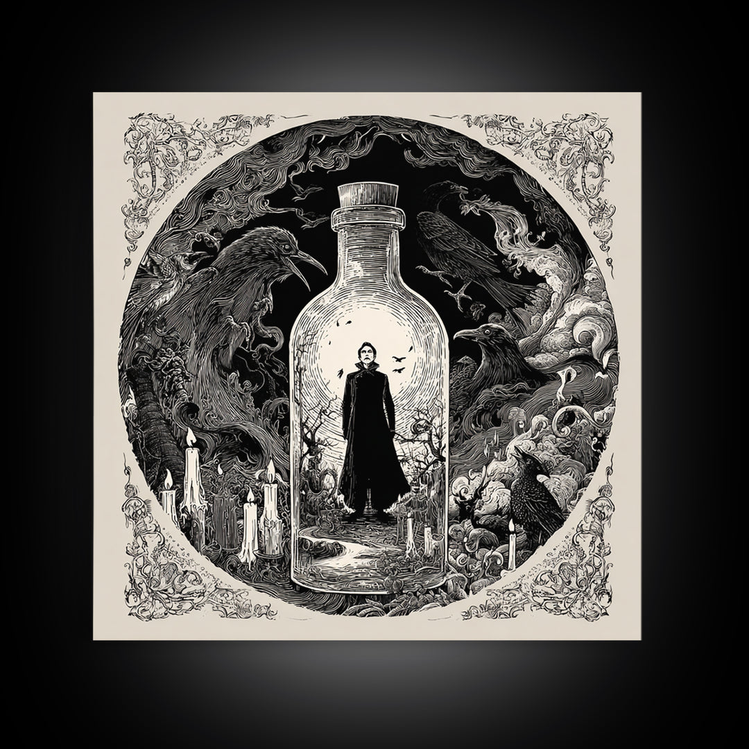 The Bottled Ghost, Decadent Line Art, Square Wall Art, Dark Fantasy Wall Art, Framed Canvas Print, Halloween Wall Art