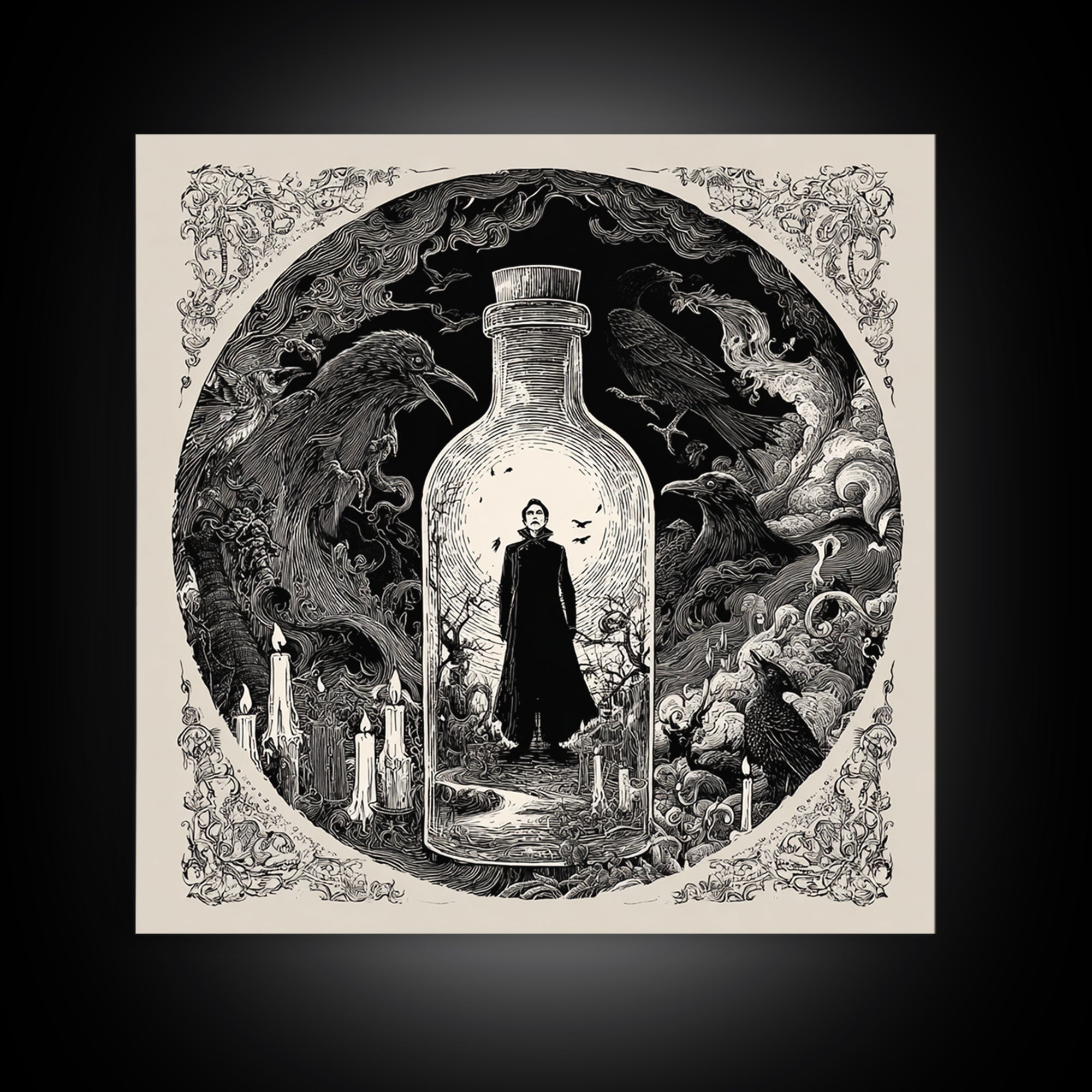 The Bottled Ghost, Decadent Line Art, Square Wall Art, Dark Fantasy Wall Art, Framed Canvas Print, Halloween Wall Art