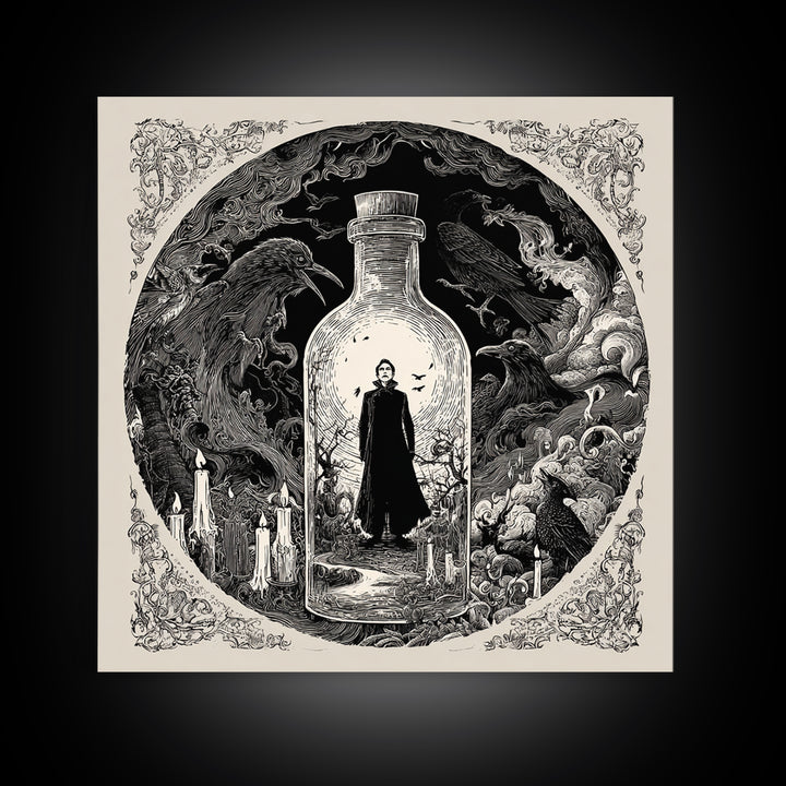 The Bottled Ghost, Decadent Line Art, Square Wall Art, Dark Fantasy Wall Art, Framed Canvas Print, Halloween Wall Art