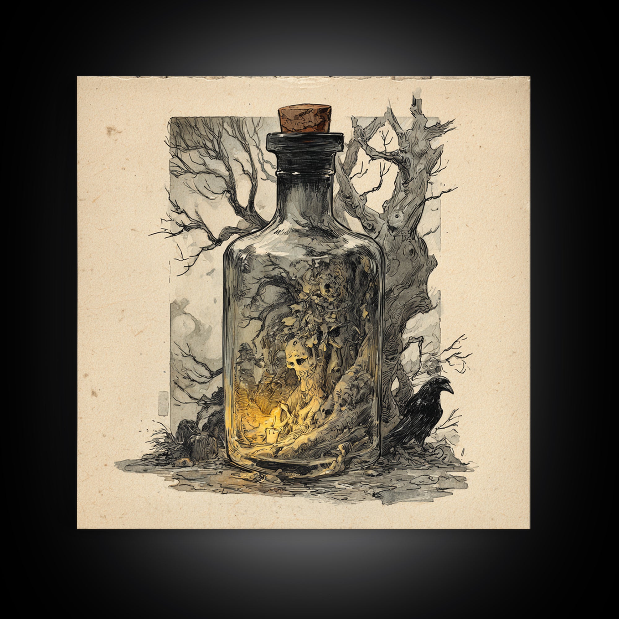 The Bottled Ghost, Gothic Storybook Art, Square Wall Art, Gothic Horror Wall Art, Canvas Print, Halloween Wall Art, Spooky Wall Decor