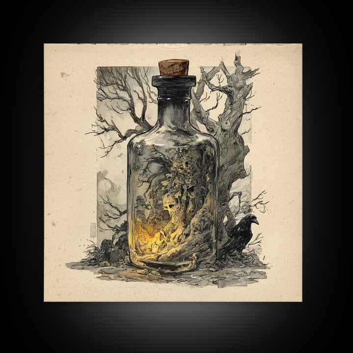 The Bottled Ghost, Gothic Storybook Art, Square Wall Art, Gothic Horror Wall Art, Canvas Print, Halloween Wall Art, Spooky Wall Decor