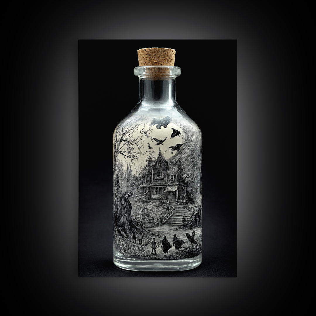 The Bottled Ghost, Victorian Macabre Art, Vertical Wall Art, Dark Halloween Decor, Framed Canvas Print, Halloween Wall Art