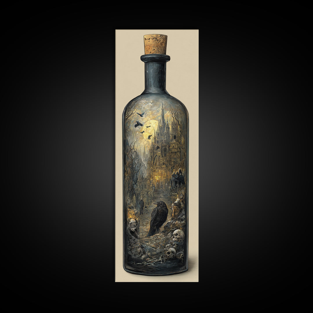 The Bottled Ghost, Surreal Apocalyptic Art, Tall Narrow Wall Art, Gothic Horror Wall Art, Framed Canvas Print, Halloween Wall Art