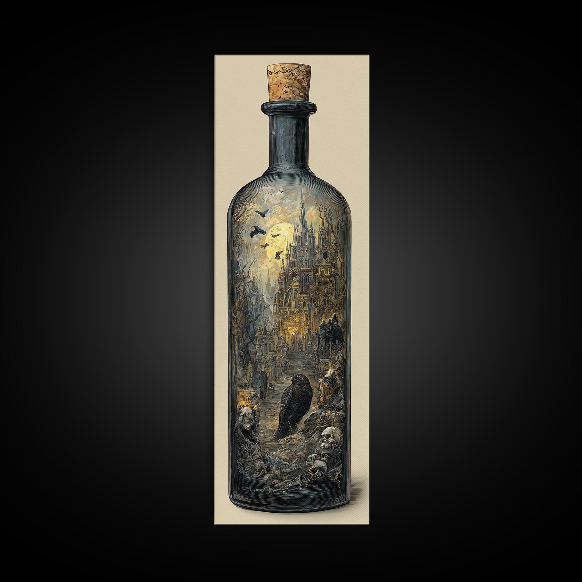 The Bottled Ghost, Surreal Apocalyptic Art, Tall Narrow Wall Art, Gothic Horror Wall Art, Framed Canvas Print, Halloween Wall Art