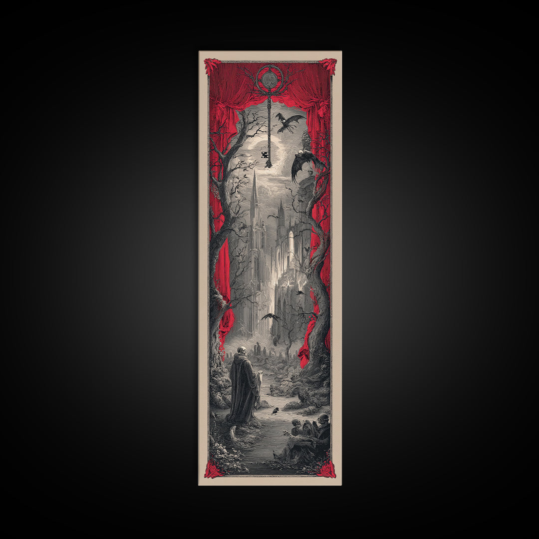 The Coffin Key, Gothic Engraving Art, Tall Narrow Wall Art, Macabre Wall Art, Framed Canvas Print, Halloween Wall Art, Halloween Decor