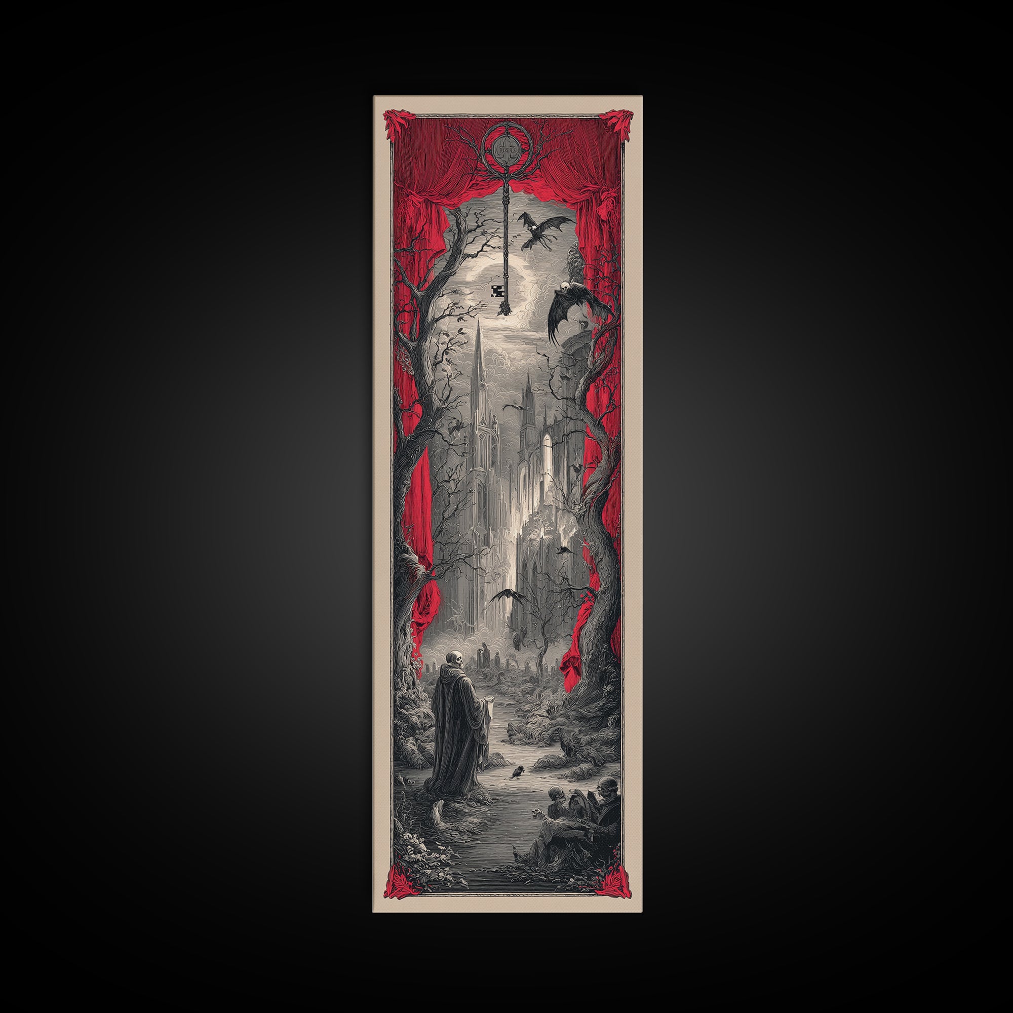 The Coffin Key, Gothic Engraving Art, Tall Narrow Wall Art, Macabre Wall Art, Framed Canvas Print, Halloween Wall Art, Halloween Decor