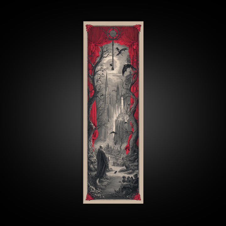 The Coffin Key, Gothic Engraving Art, Tall Narrow Wall Art, Macabre Wall Art, Framed Canvas Print, Halloween Wall Art, Halloween Decor