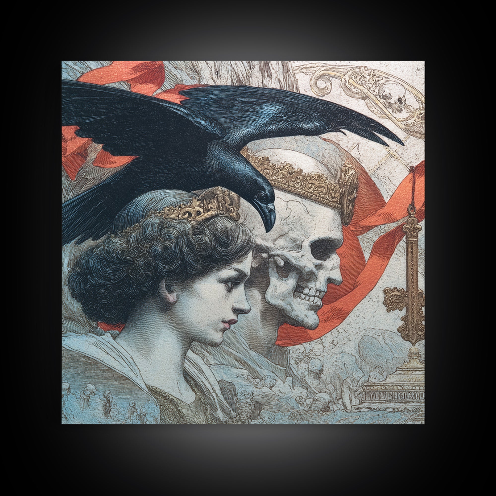 The Coffin Key, Symbolist Death Art, Square Wall Art, Dark Halloween Decor, Framed Canvas Print, Halloween Wall Art