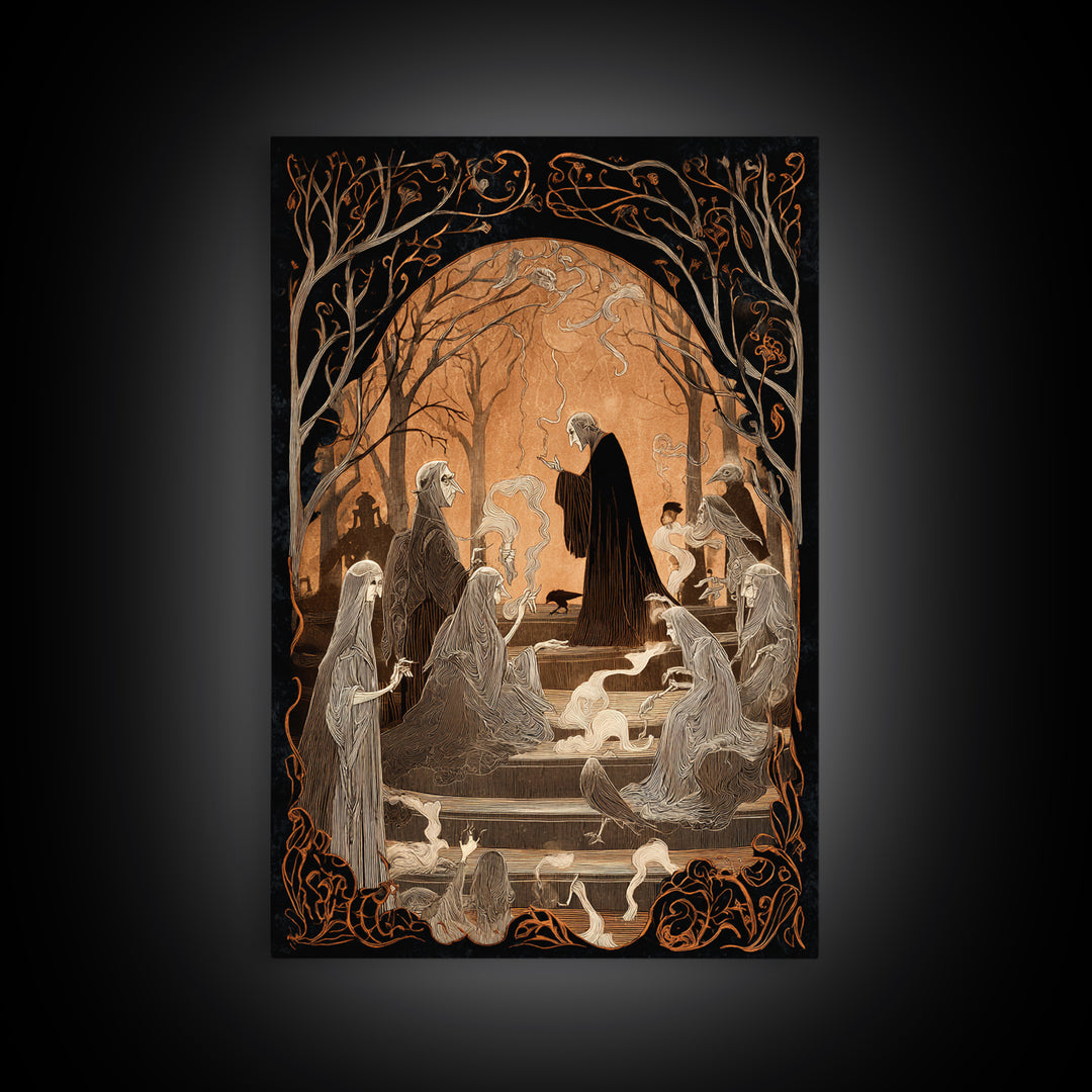 The Antique Spirit Board, Decadent Line Art, Vertical Wall Art, Macabre Wall Art, Framed Canvas Print, Halloween Wall Art