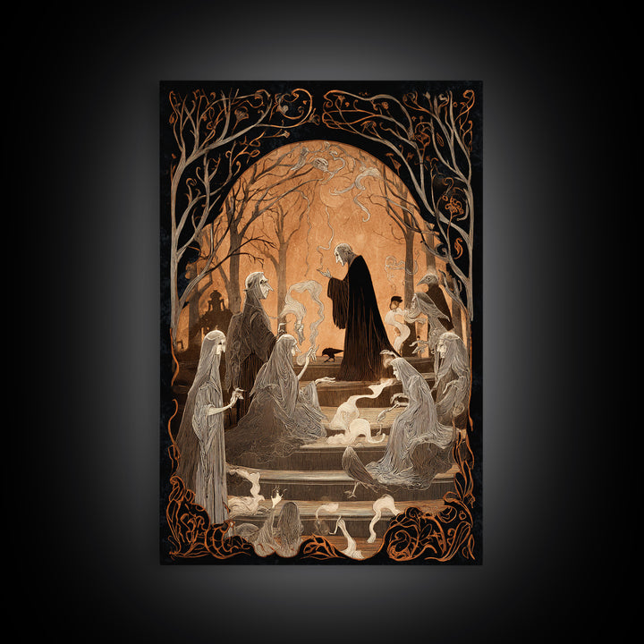 The Antique Spirit Board, Decadent Line Art, Vertical Wall Art, Macabre Wall Art, Framed Canvas Print, Halloween Wall Art