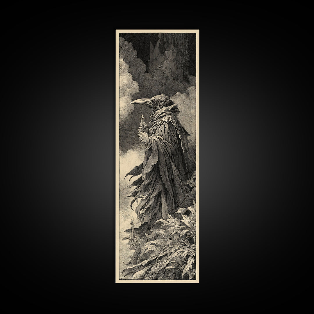The Raven-Feather Quill, Gothic Engraving Art, Tall Narrow Wall Art, Dark Fantasy Wall Art, Framed Canvas Print, Halloween Wall Art