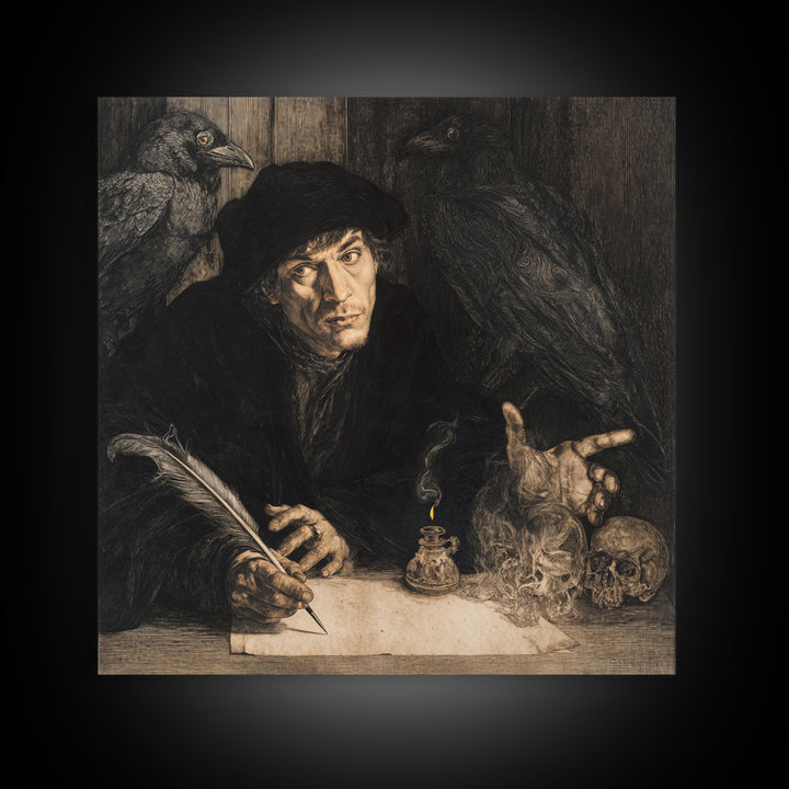 The Raven-Feather Quill, Danse Macabre Art, Square Wall Art, Macabre Wall Art, Framed Canvas Print, Halloween Wall Art
