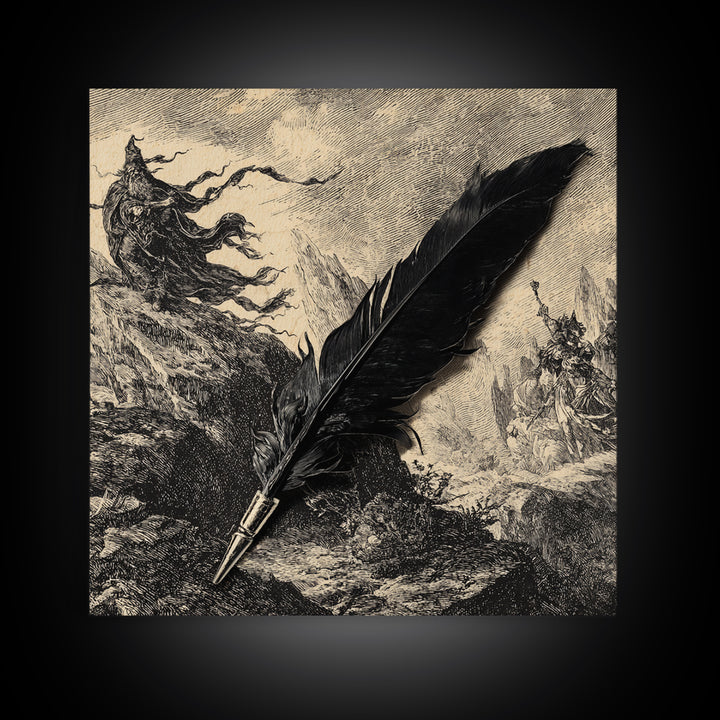 The Raven-Feather Quill, Baroque Witchcraft Art, Square Wall Art, Macabre Wall Art, Framed Canvas Print, Halloween Wall Art