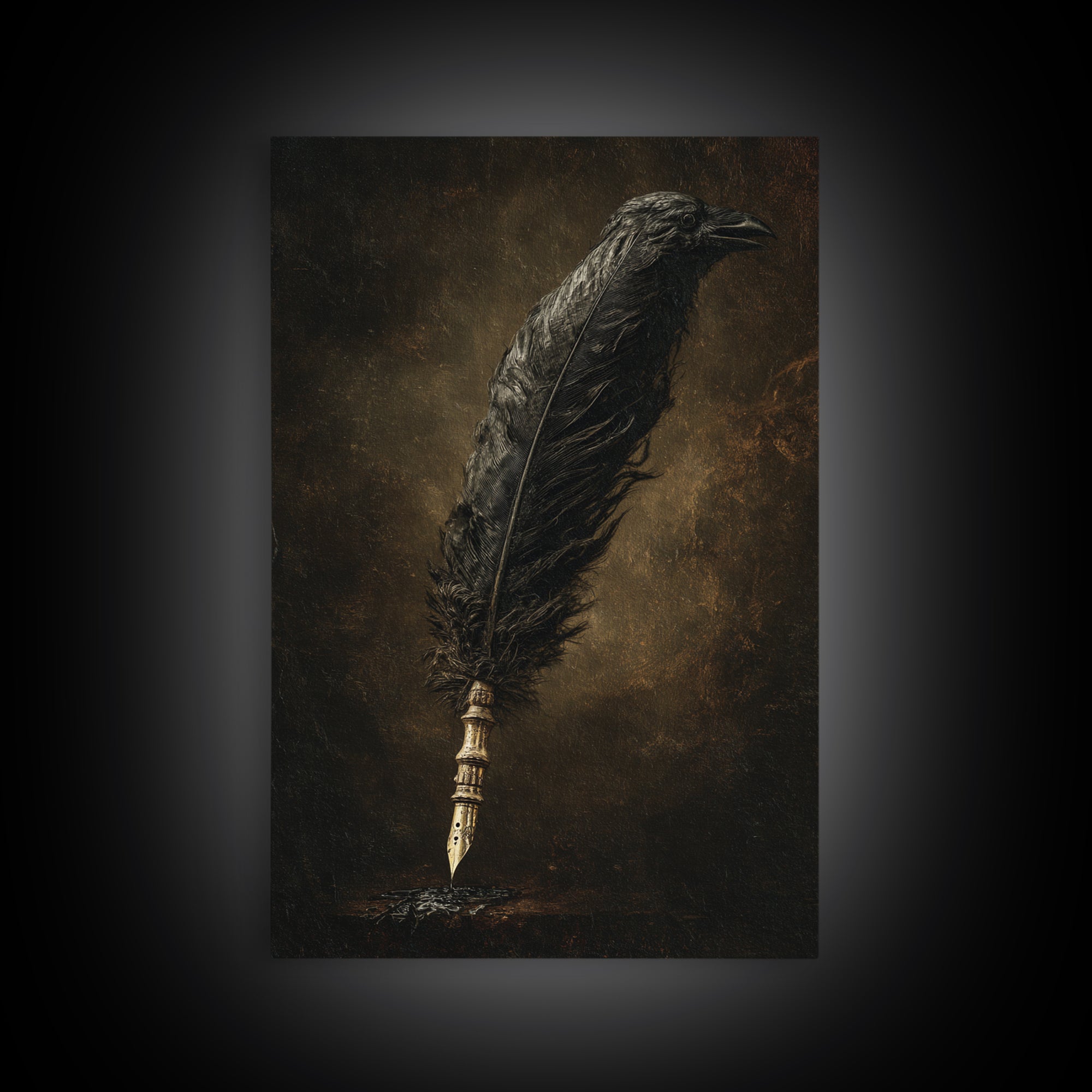 The Raven-Feather Quill, Dark Romantic Horror Art, Vertical Wall Art, Gothic Horror Wall Art, Framed Canvas Print, Halloween Wall Art