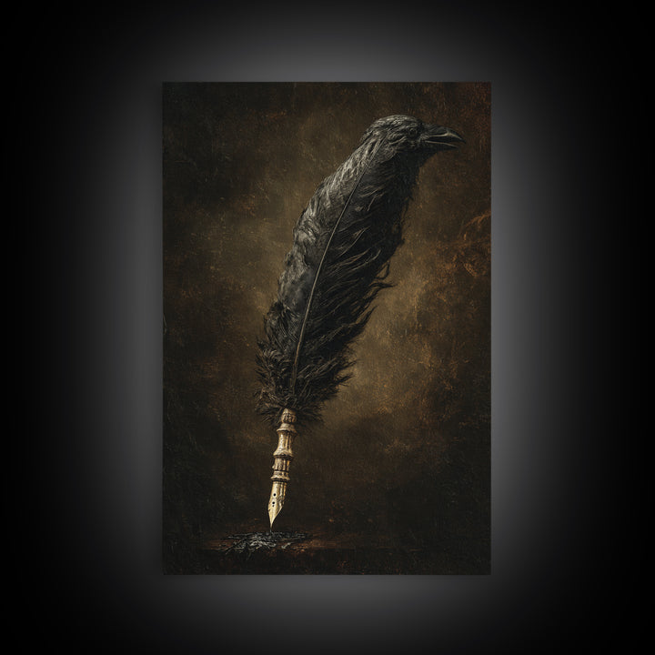 The Raven-Feather Quill, Dark Romantic Horror Art, Vertical Wall Art, Gothic Horror Wall Art, Framed Canvas Print, Halloween Wall Art