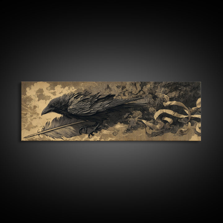 The Raven-Feather Quill, Apocalyptic Romantic Art, Extra Wide Wall Art, Dark Halloween Decor, Framed Canvas Print, Halloween Wall Art