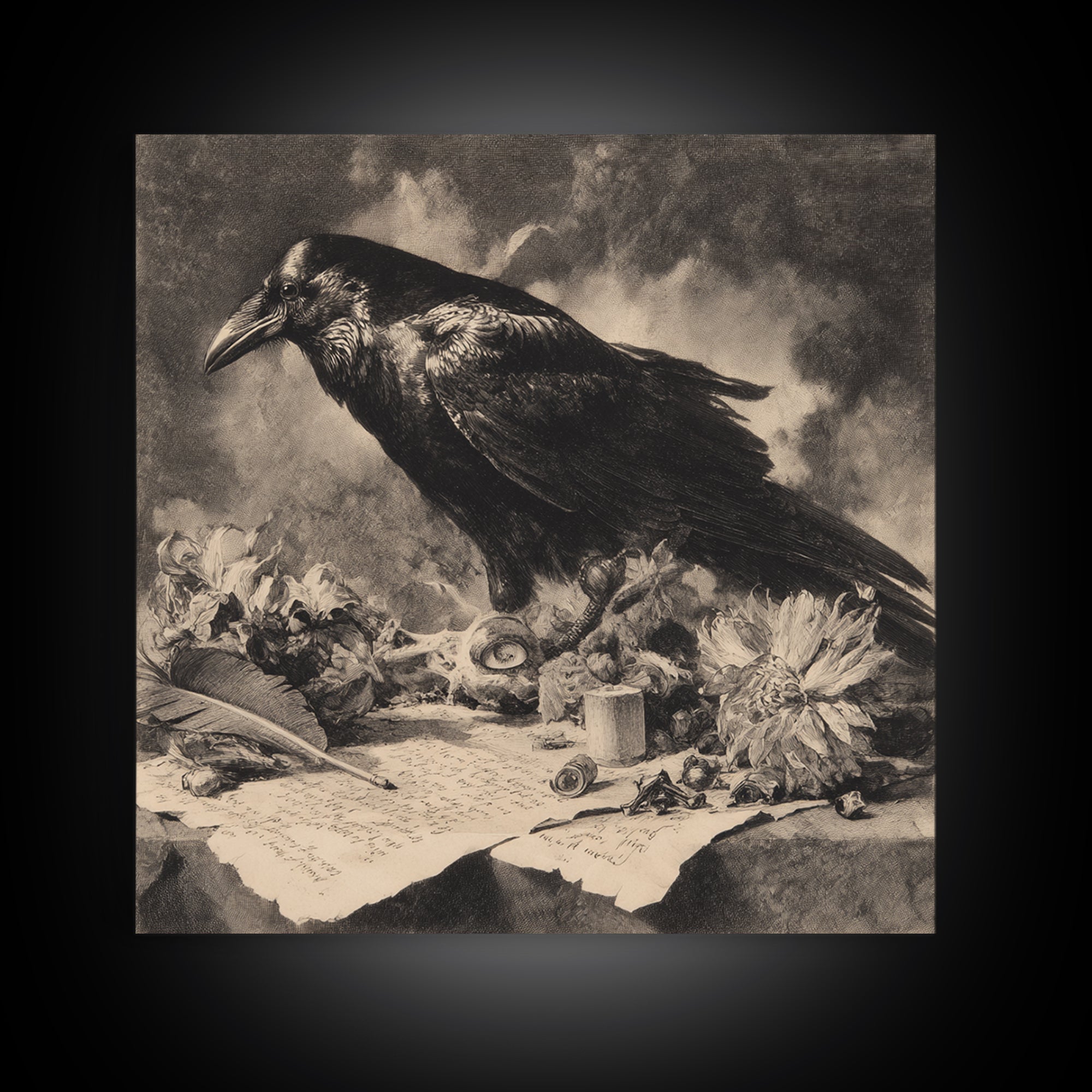 The Raven-Feather Quill, Symbolist Dream Art, Square Wall Art, Dark Halloween Decor, Framed Canvas Print, Halloween Wall Art