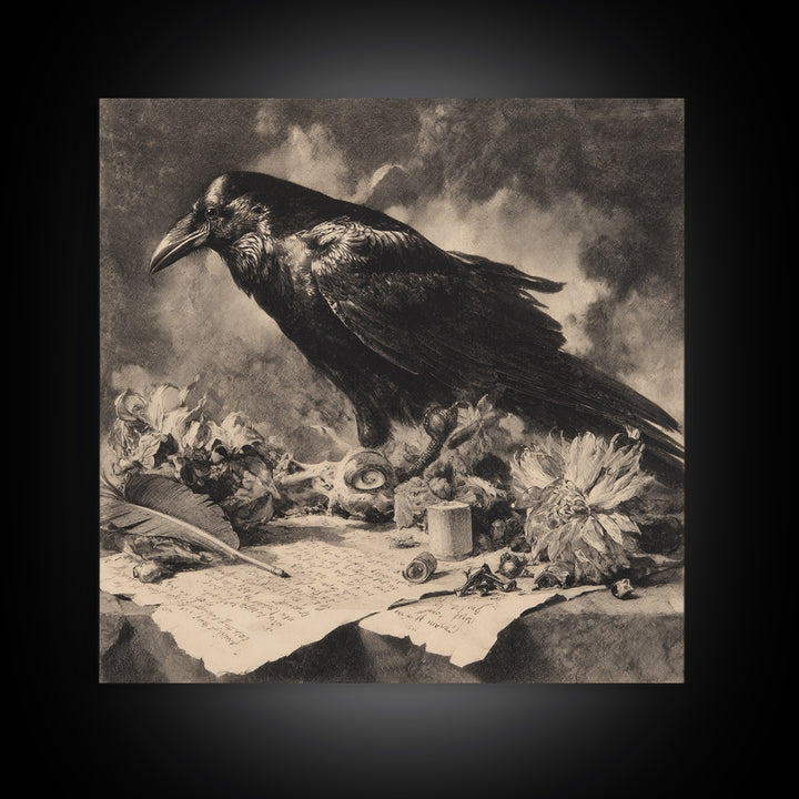 The Raven-Feather Quill, Symbolist Dream Art, Square Wall Art, Dark Halloween Decor, Framed Canvas Print, Halloween Wall Art