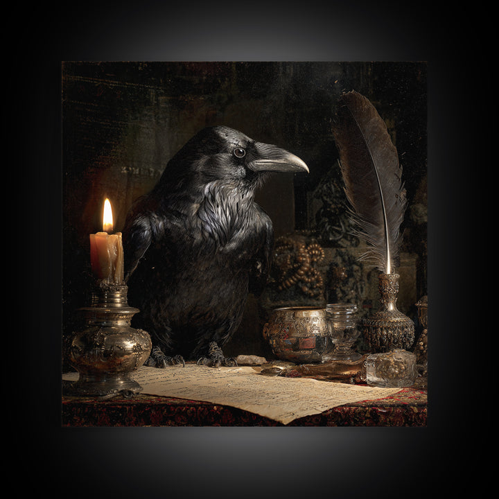 The Raven-Feather Quill, Ornate Symbolist Art, Square Wall Art, Macabre Wall Art, Canvas Print, Halloween Wall Art, Gothic Home Decor