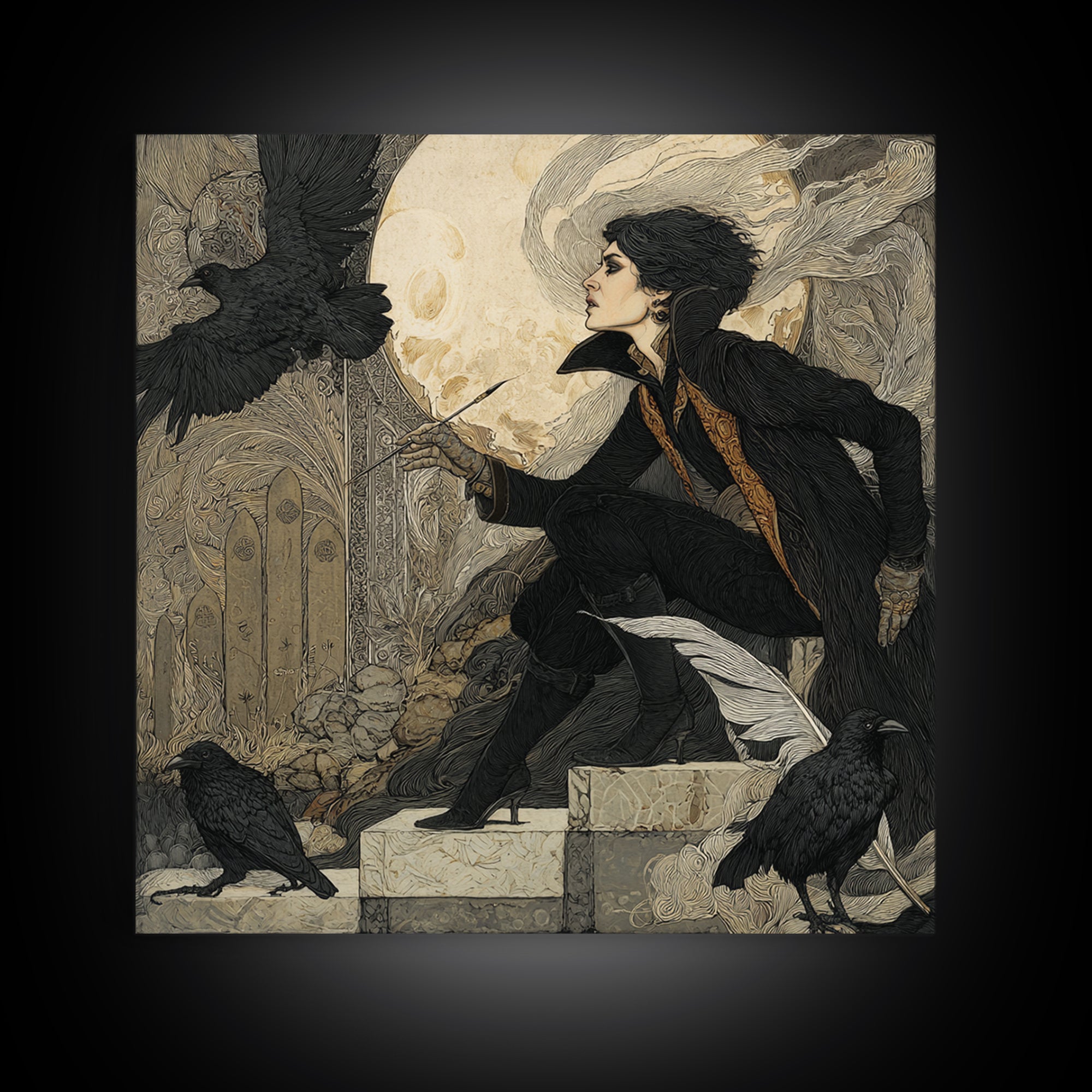 The Raven-Feather Quill, Symbolist Death Art, Square Wall Art, Gothic Horror Wall Art, Canvas Print, Halloween Wall Art