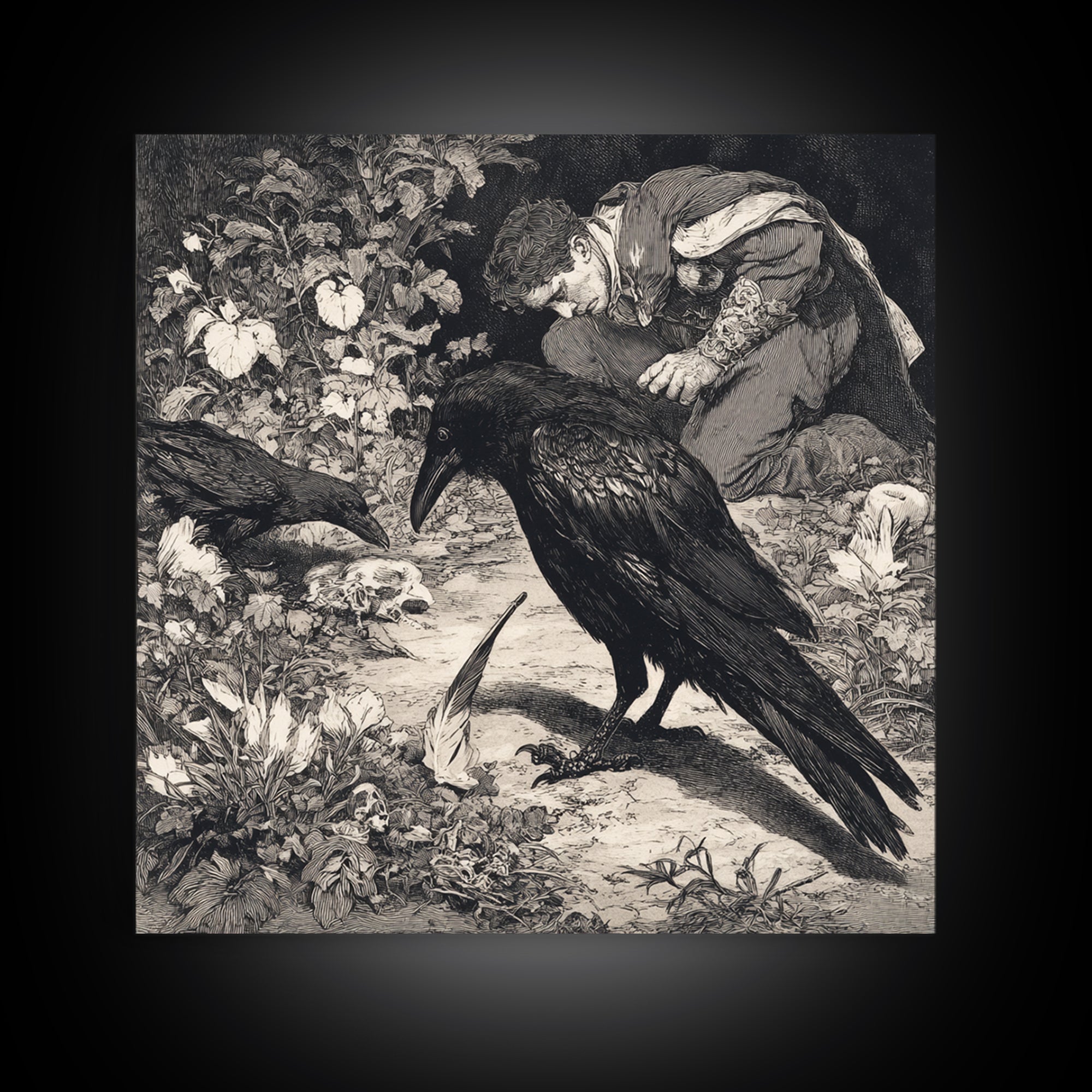 The Raven-Feather Quill, Symbolist Etching Art, Square Wall Art, Gothic Horror Wall Art, Framed Canvas Print, Halloween Wall Art