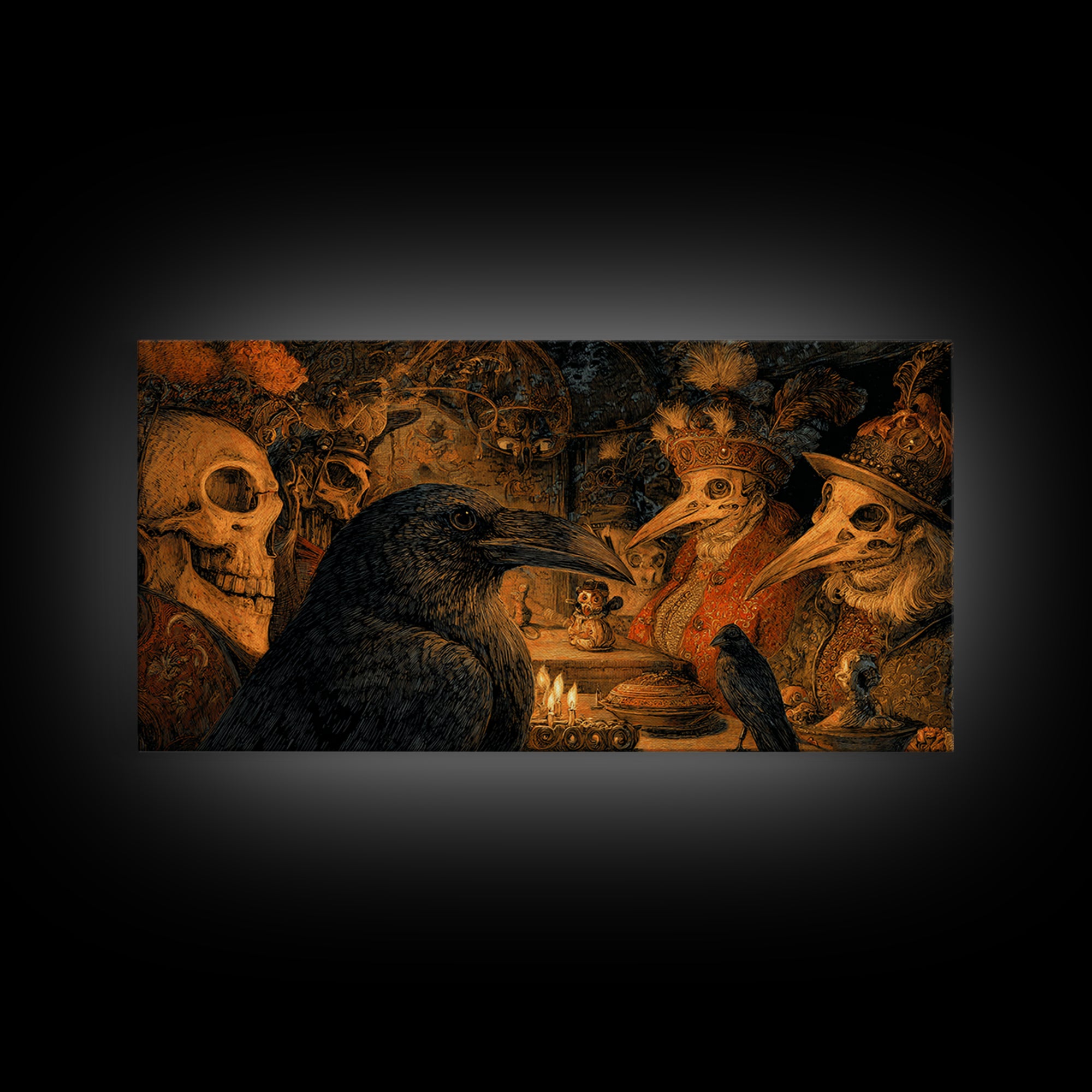 The Raven-Feather Quill, Grotesque Carnival Art, Wide Panoramic Art, Dark Fantasy Wall Art, Framed Canvas Print, Halloween Wall Art