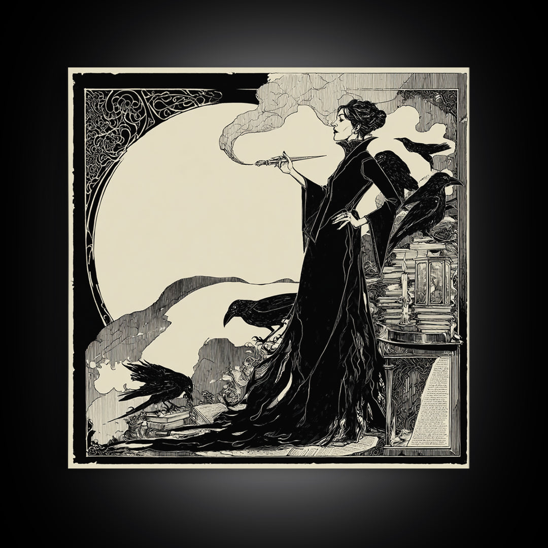 The Raven-Feather Quill, Decadent Line Art, Square Wall Art, Dark Fantasy Wall Art, Framed Canvas Print, Halloween Wall Art