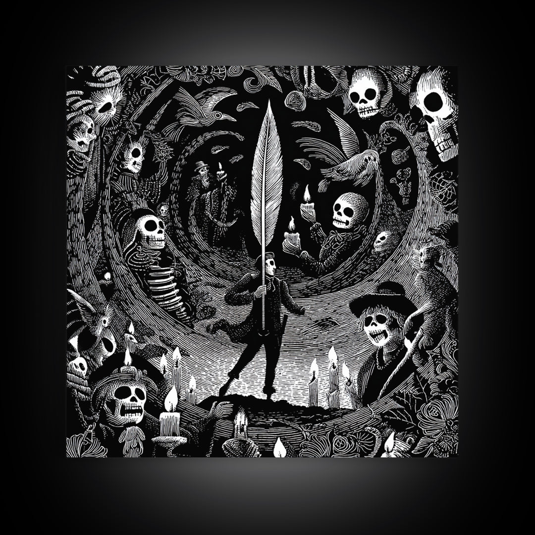 The Raven-Feather Quill, Macabre Folk Print Art, Square Wall Art, Gothic Horror Wall Art, Canvas Print, Halloween Wall Art