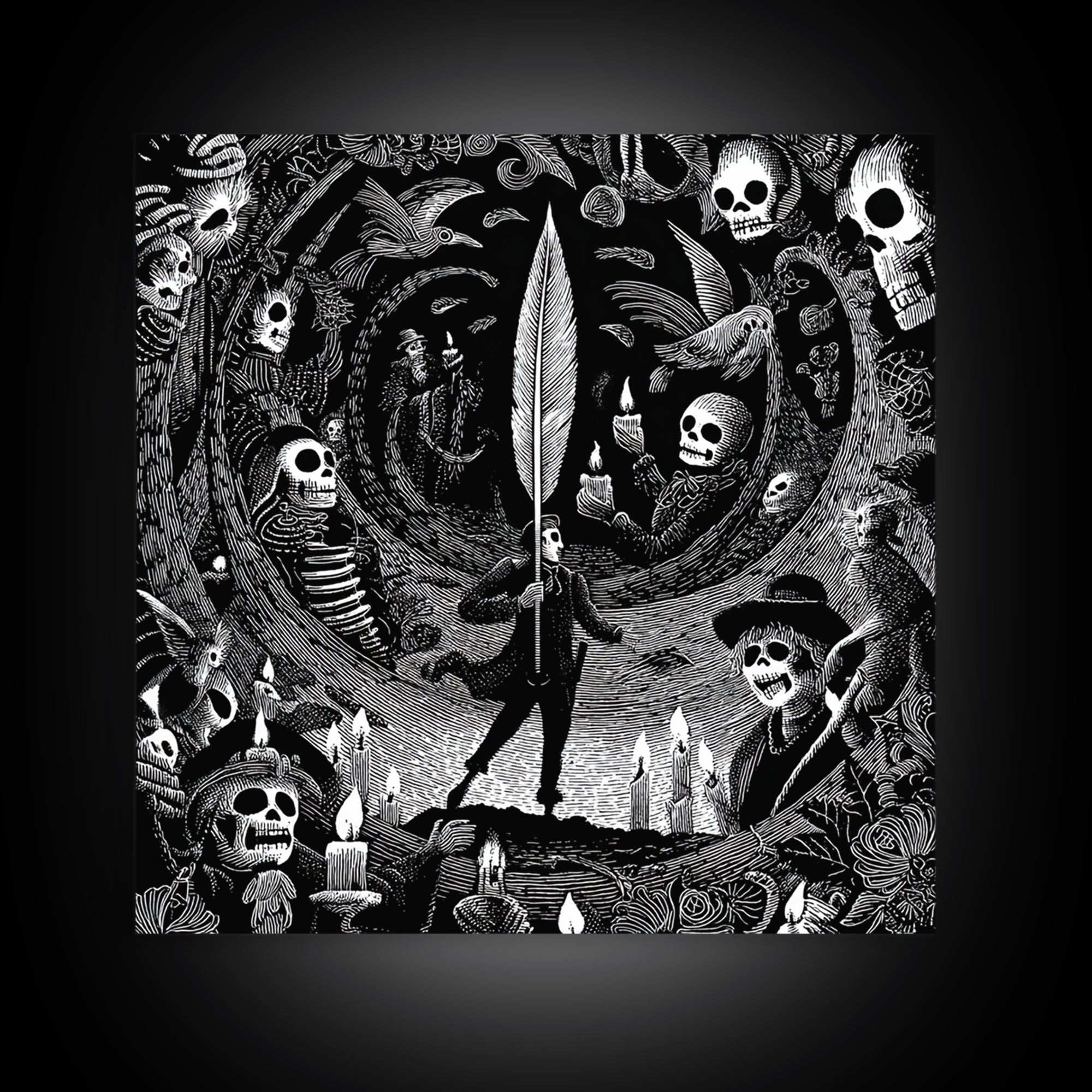 The Raven-Feather Quill, Macabre Folk Print Art, Square Wall Art, Gothic Horror Wall Art, Canvas Print, Halloween Wall Art