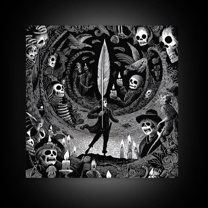 The Raven-Feather Quill, Macabre Folk Print Art, Square Wall Art, Gothic Horror Wall Art, Canvas Print, Halloween Wall Art