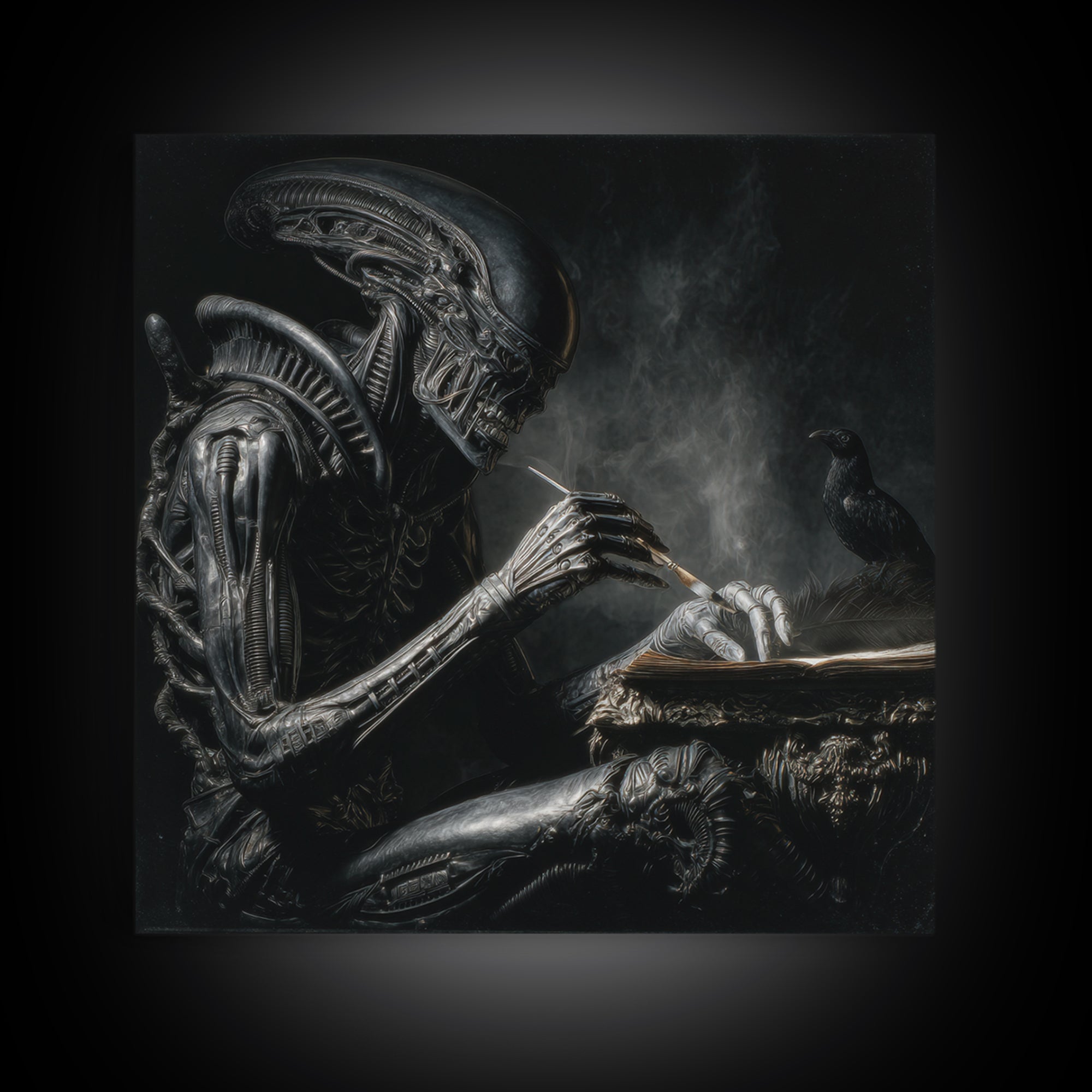 The Raven-Feather Quill, Biomechanical Horror Art, Square Wall Art, Macabre Wall Art, Canvas Print, Halloween Wall Art, Horror Wall Art