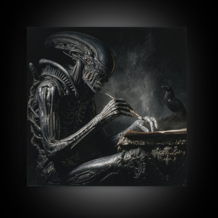 The Raven-Feather Quill, Biomechanical Horror Art, Square Wall Art, Macabre Wall Art, Canvas Print, Halloween Wall Art, Horror Wall Art