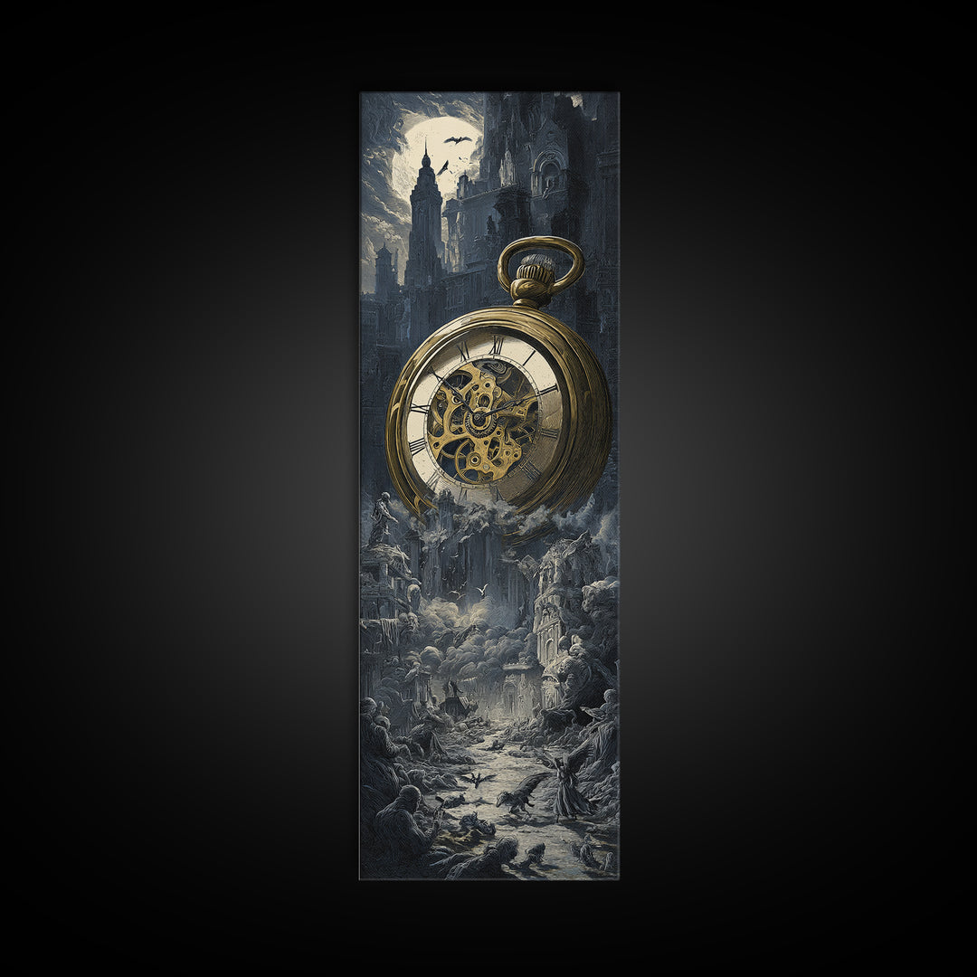 The Cursed Pocket Watch, Gothic Engraving Art, Tall Narrow Wall Art, Dark Halloween Decor, Framed Canvas Print, Halloween Wall Art