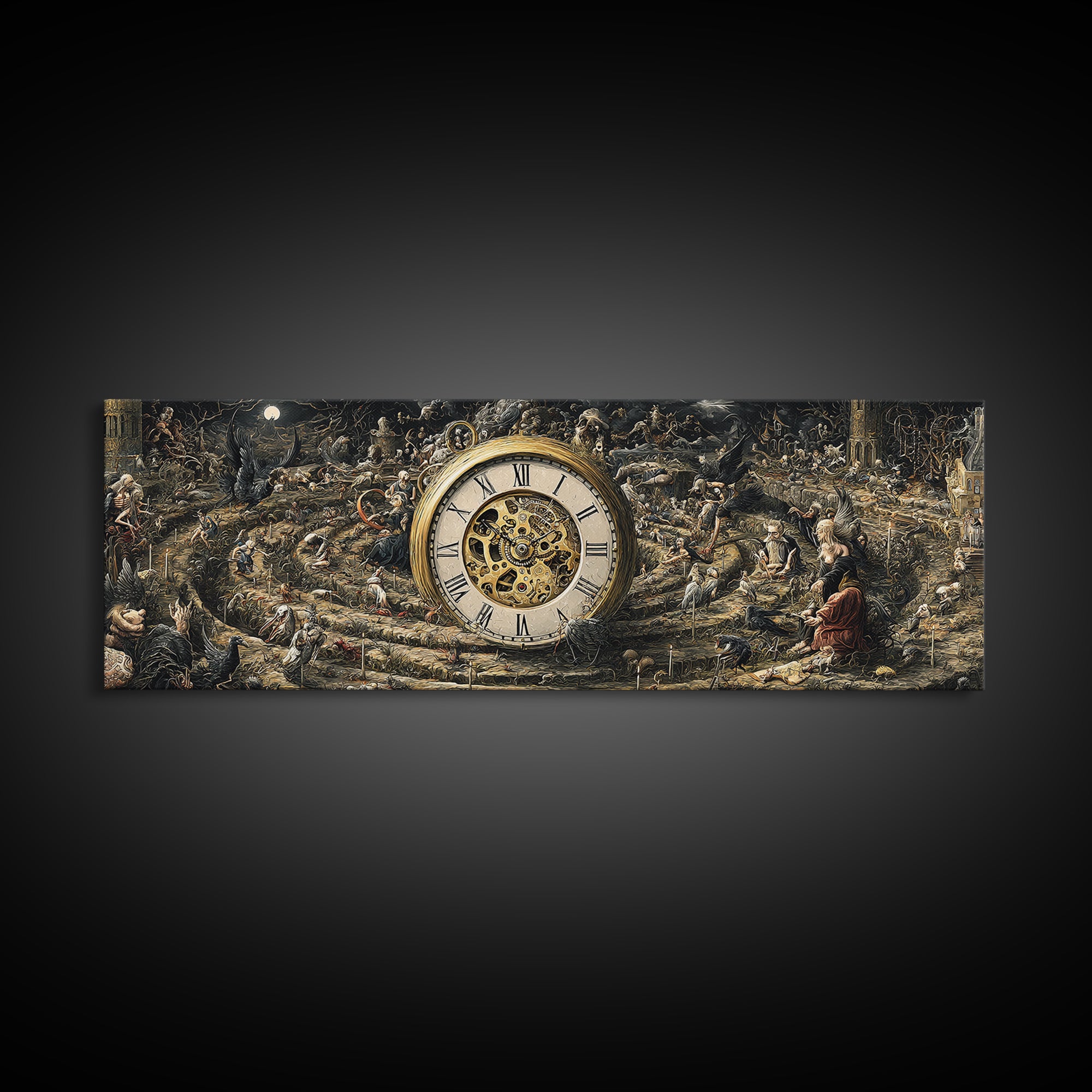 The Cursed Pocket Watch, Medieval Grotesque Art, Extra Wide Wall Art, Dark Halloween Decor, Framed Canvas Print, Halloween Wall Art