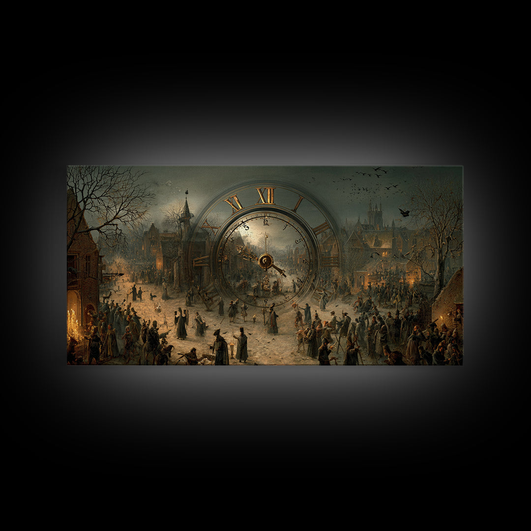 The Cursed Pocket Watch, Northern Renaissance Horror, Wide Panoramic Art, Dark Halloween Decor, Framed Canvas Print
