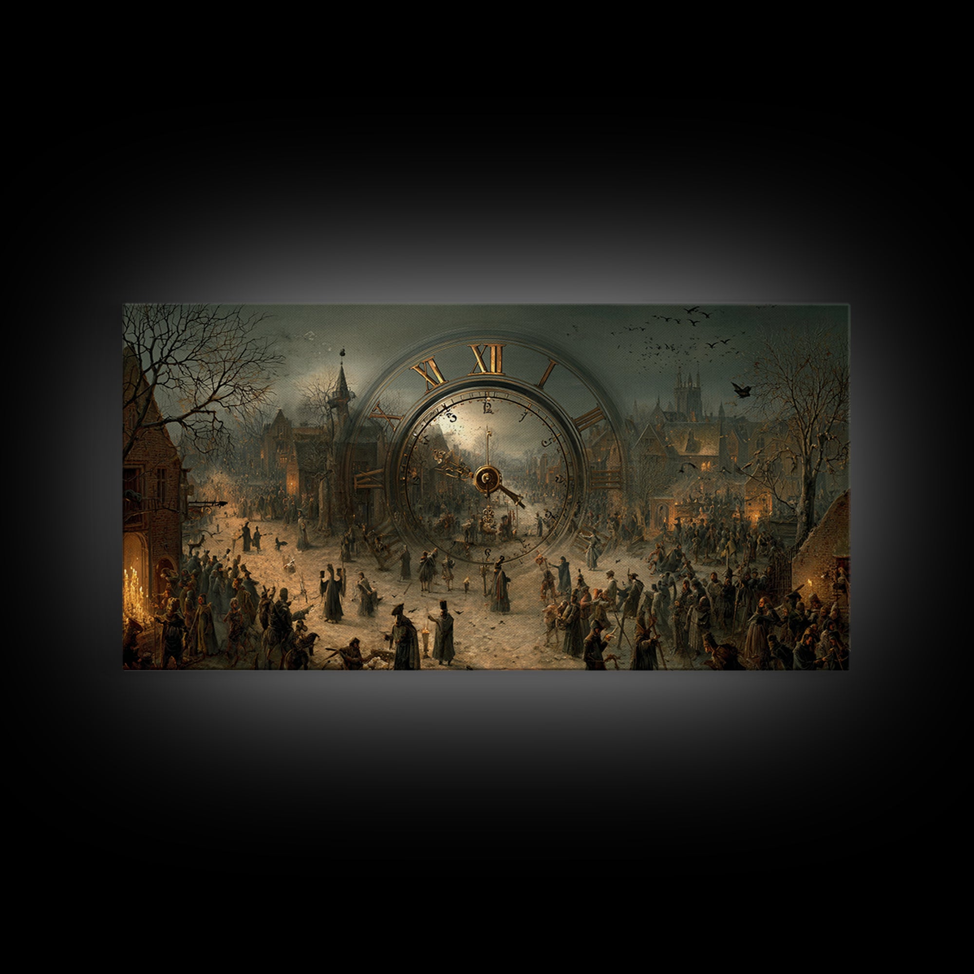 The Cursed Pocket Watch, Northern Renaissance Horror, Wide Panoramic Art, Dark Halloween Decor, Framed Canvas Print