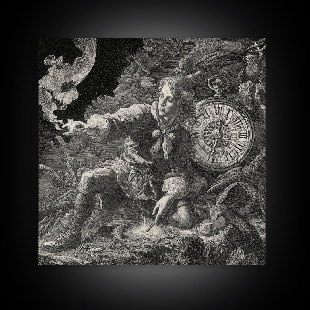 The Cursed Pocket Watch, Renaissance Engraving Art, Square Wall Art, Macabre Wall Art, Canvas Print, Halloween Wall Art