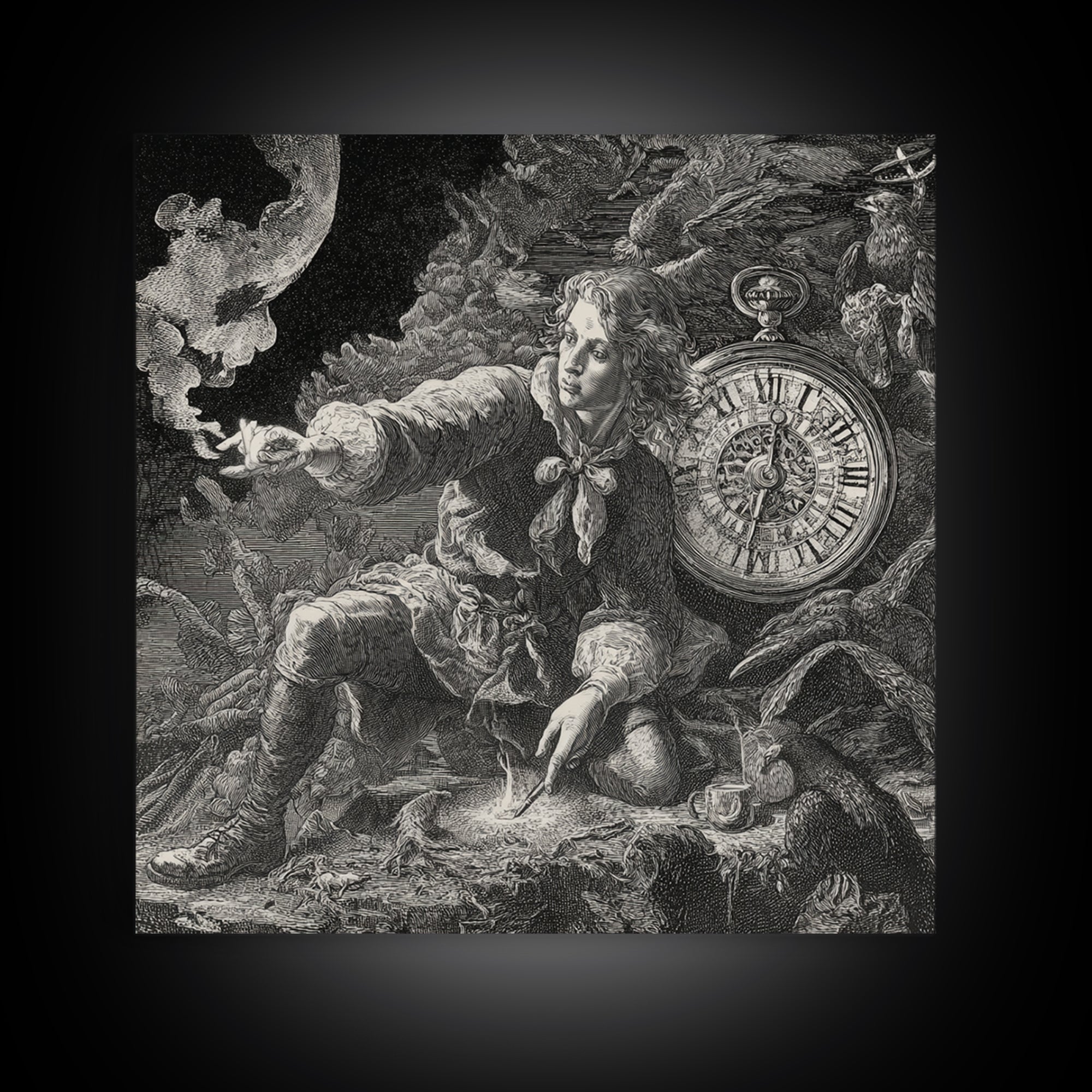 The Cursed Pocket Watch, Renaissance Engraving Art, Square Wall Art, Macabre Wall Art, Canvas Print, Halloween Wall Art