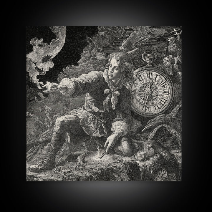 The Cursed Pocket Watch, Renaissance Engraving Art, Square Wall Art, Macabre Wall Art, Canvas Print, Halloween Wall Art