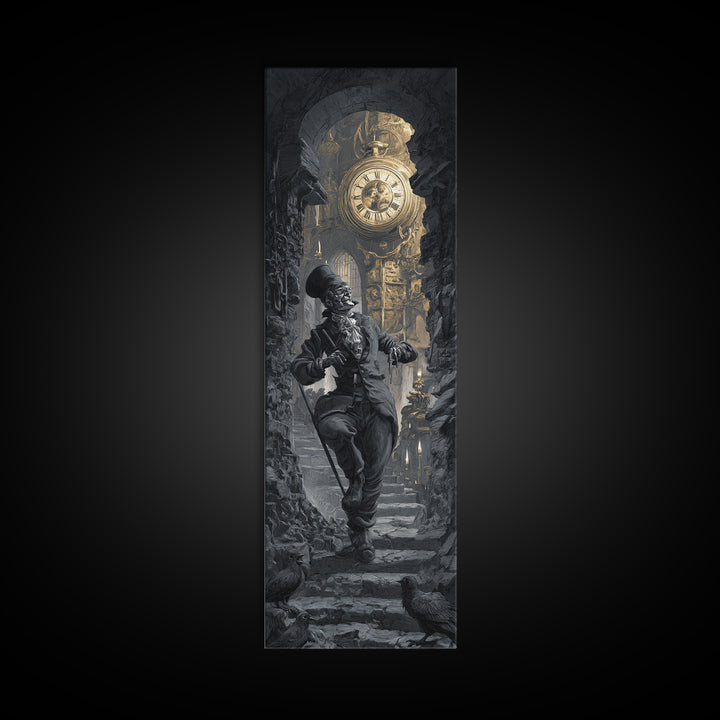 The Cursed Pocket Watch, Architectural Etching Art, Tall Narrow Wall Art, Dark Halloween Decor, Framed Canvas Print
