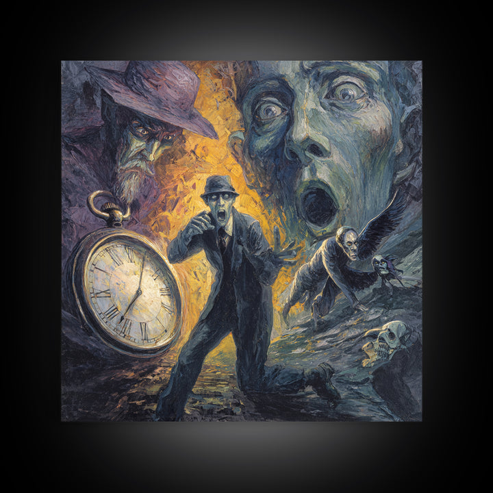 The Cursed Pocket Watch, Expressionist Gothic Art, Square Wall Art, Dark Halloween Decor, Framed Canvas Print, Halloween Wall Art