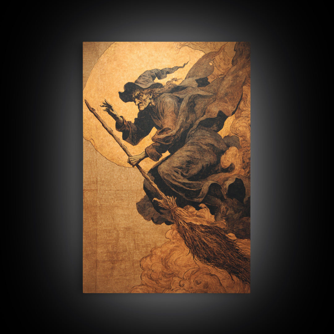 The Witch'S Broom, Dark Renaissance Art, Vertical Wall Art, Dark Fantasy Wall Art, Canvas Print, Halloween Wall Art