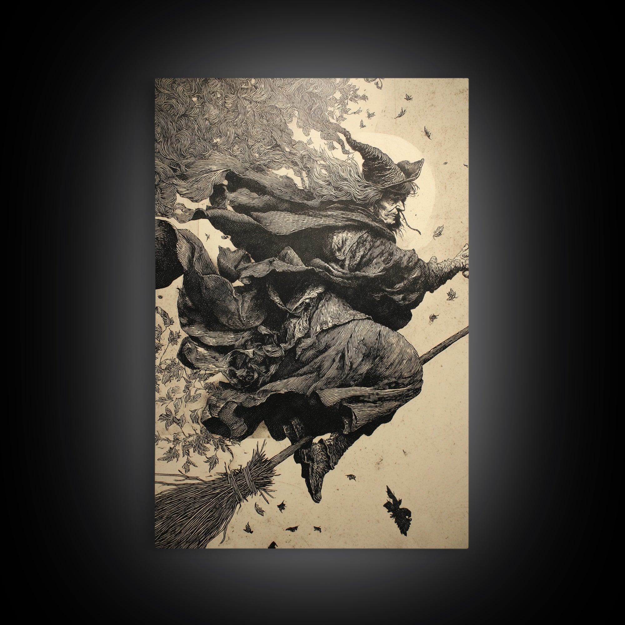 The Witch'S Broom, Renaissance Engraving Art, Vertical Wall Art, Gothic Horror Wall Art, Canvas Print, Halloween Wall Art