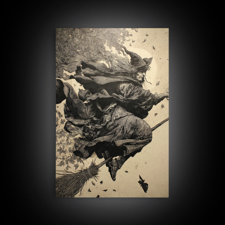 The Witch'S Broom, Renaissance Engraving Art, Vertical Wall Art, Gothic Horror Wall Art, Canvas Print, Halloween Wall Art