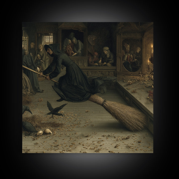 The Witch'S Broom, Danse Macabre Art, Square Wall Art, Dark Halloween Decor, Framed Canvas Print, Halloween Wall Art