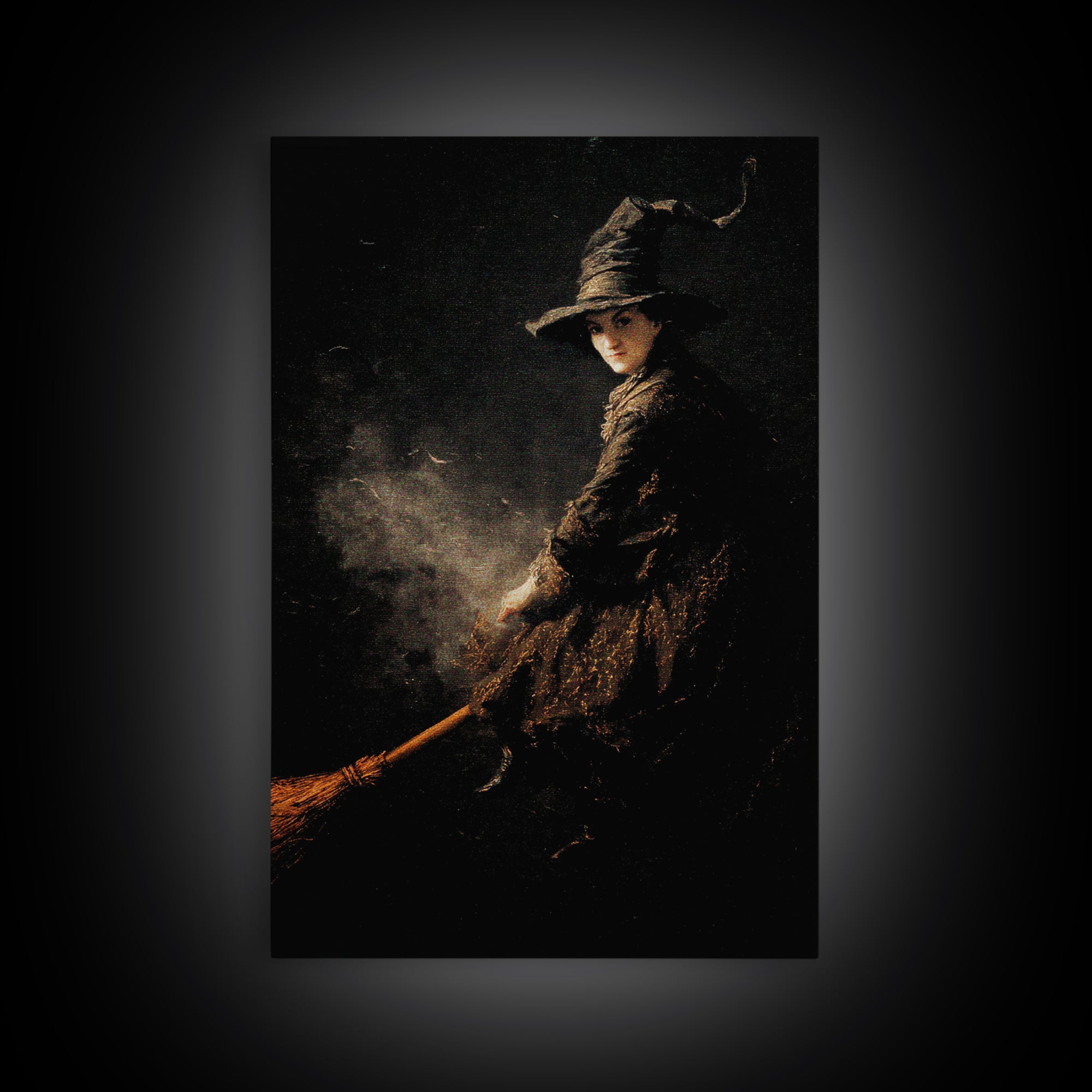 The Witch'S Broom, Dark Romantic Horror Art, Vertical Wall Art, Dark Halloween Decor, Framed Canvas Print, Halloween Wall Art
