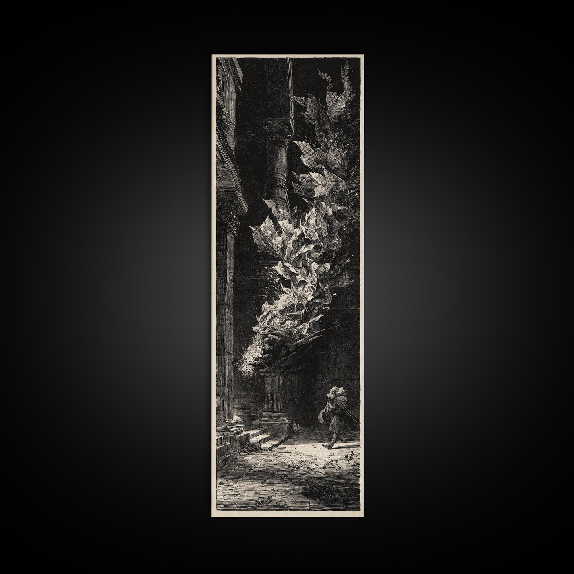 The Witch'S Broom, Architectural Etching Art, Tall Narrow Wall Art, Dark Fantasy Wall Art, Framed Canvas Print