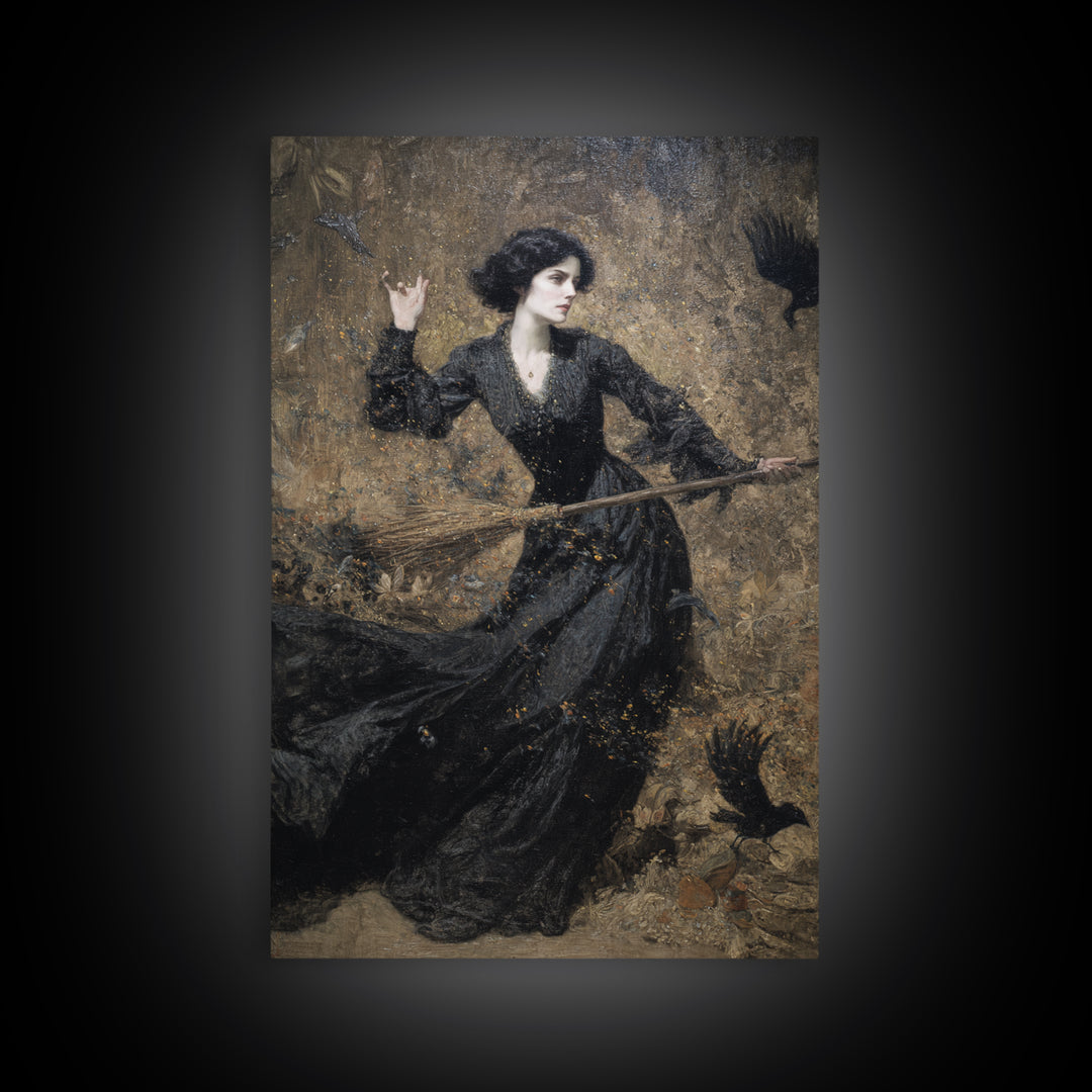 The Witch'S Broom, Ornate Symbolist Art, Vertical Wall Art, Dark Halloween Decor, Framed Canvas Print, Halloween Wall Art